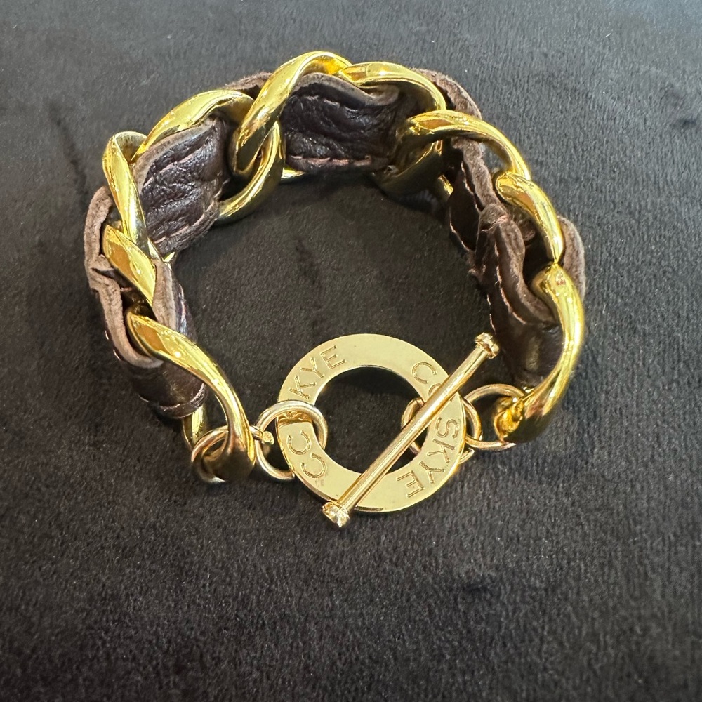 CC Skye Gold Brown Chain Link Leather Bracelet